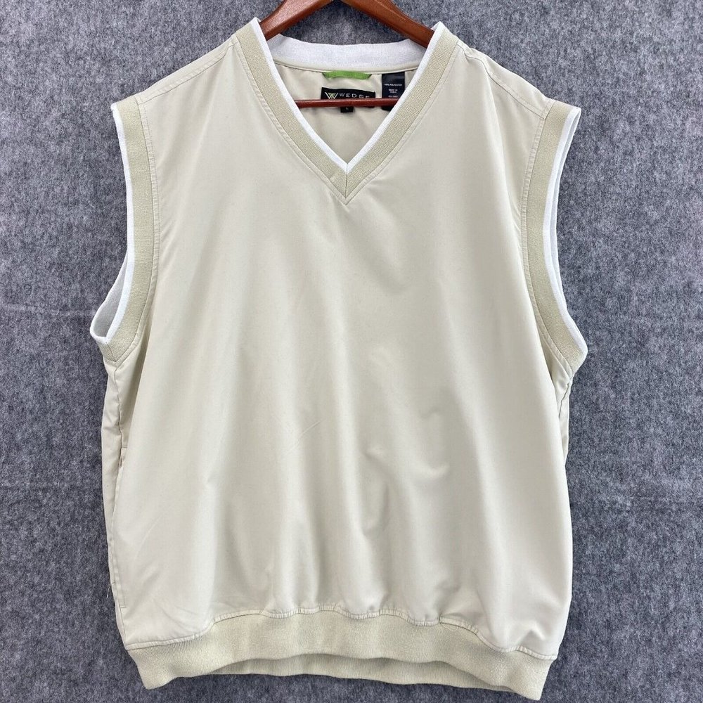 Wedge Golf And Beyond Vest Mens L Beige Tan V Neck Pockets Pullover Windbreaker